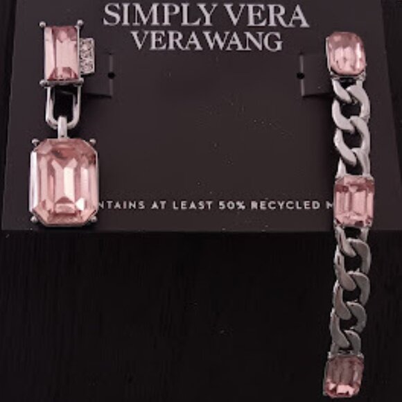 Vera Wang Jewelry - VERA WANG Rocker Chic Gunmetal Chain Pink/Clear Crystal Mismatch Drop Earrings